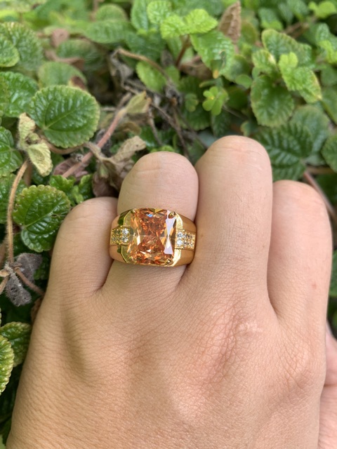 Cincin Casual Mewah Batu Kecubung Teh Champagne Smoky Quartz Mewah Minimalis Ring 18K Gold Filled