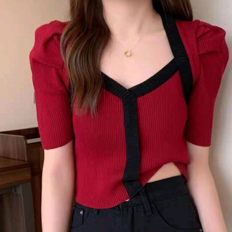 C283 Atasan Baju blus kemeja blouse cropped kropped krop top crop top lengan pendek Knit rajut impor
