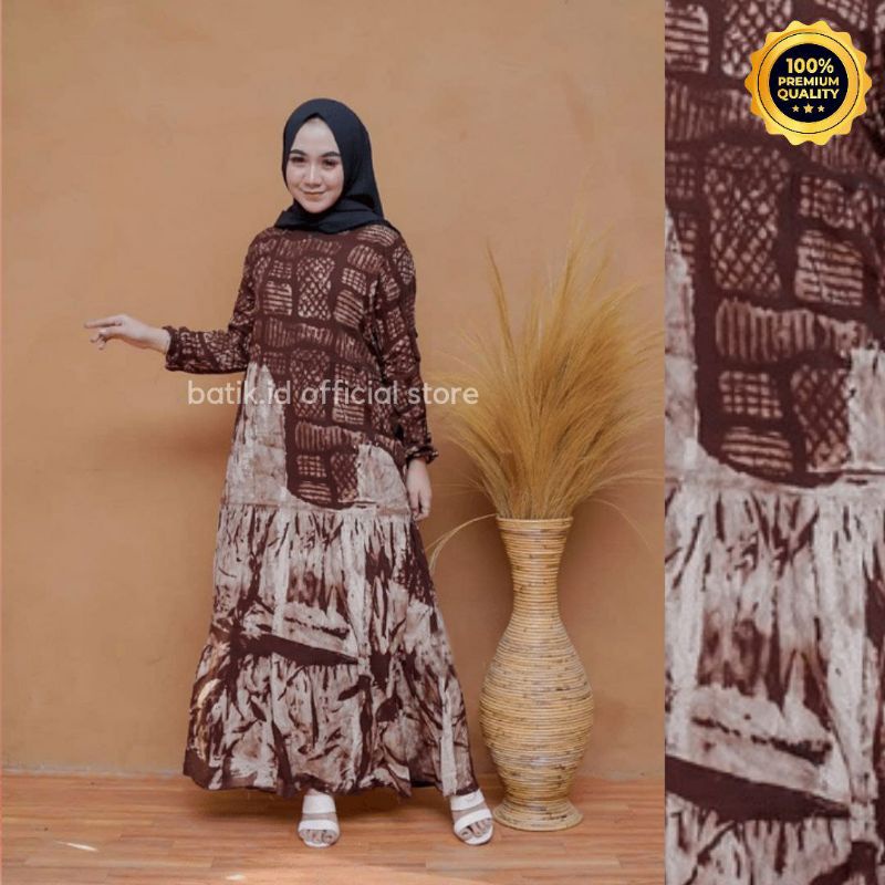 Gamis Twill Rayon Malaman Terbaru Kekinian Busui | Gamis Tiedye NEW-MD BATA COKLAT