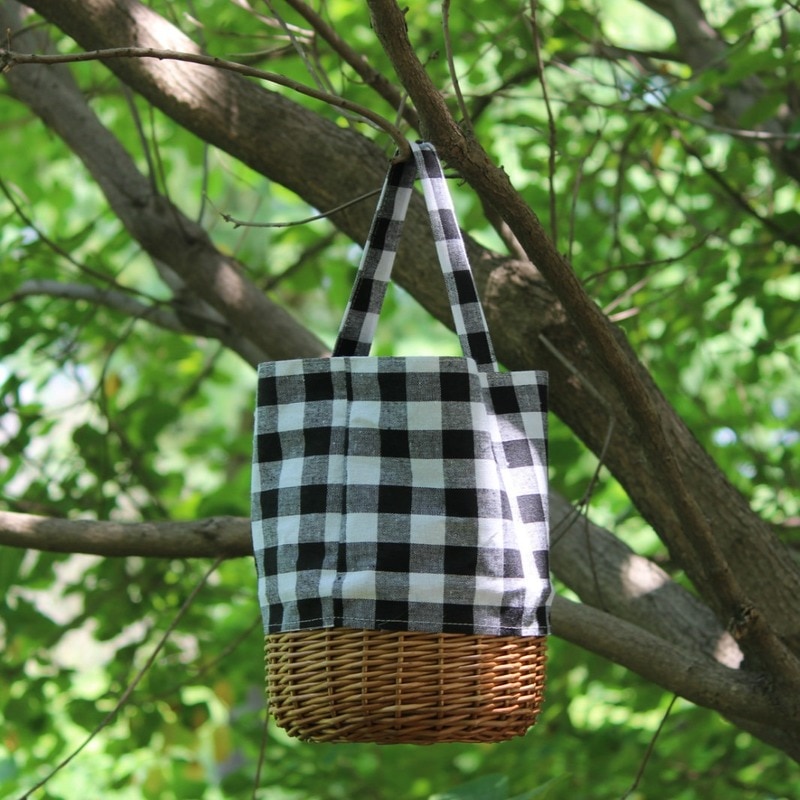 PREORDER Tas Jerami Kotak-kotak Buatan Tangan Tas Rotan Sambungan Linen Tas Ember Anyaman Kanvas Por