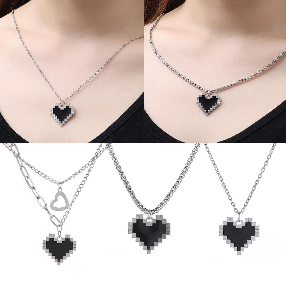 Lily Black Mosaic Love Necklace Trendy Perhiasan Hadiah Wanita Pria Kalung Rantai Double Layer