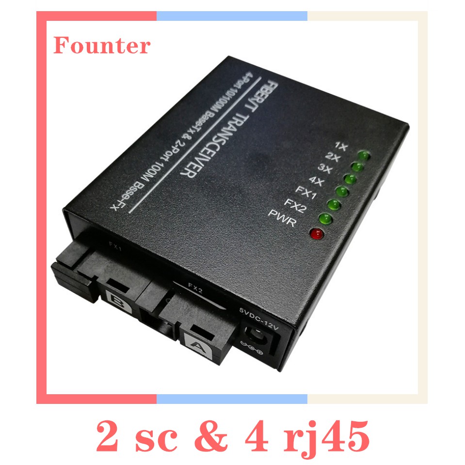 【With adpter】10/100M  2 SC 4 RJ45 Ethernet Fiber Switch Optical Media Converter Single Mode Fiber Port