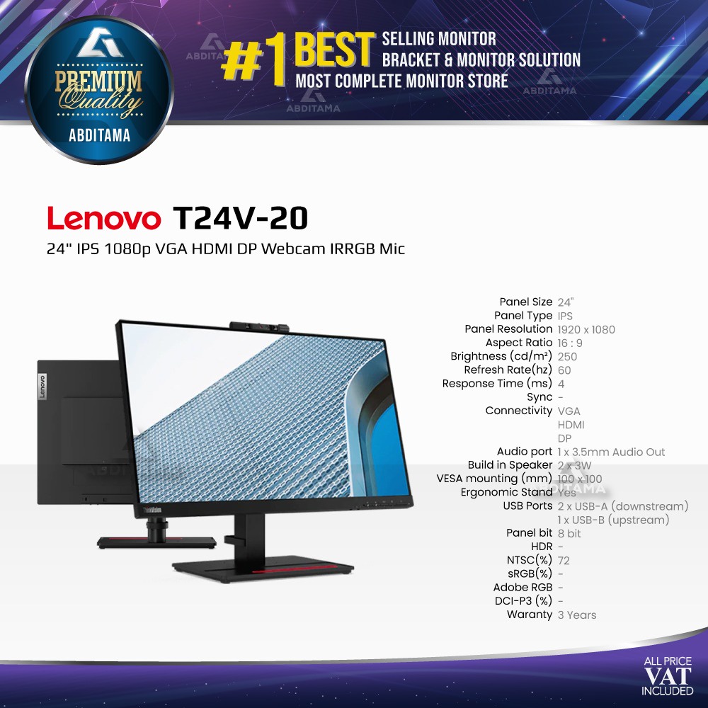 Monitor LED Lenovo T24V-20 24&quot; IPS 1080p VGA HDMI DP Webcam IRRGB Mic