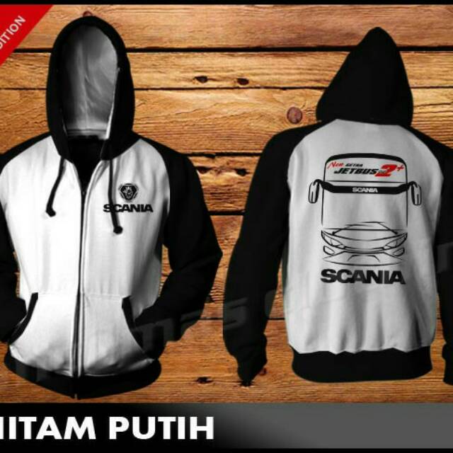 Jaket Zipper Hoodie Scania JetBus 2SHD warna Hitam - Putih