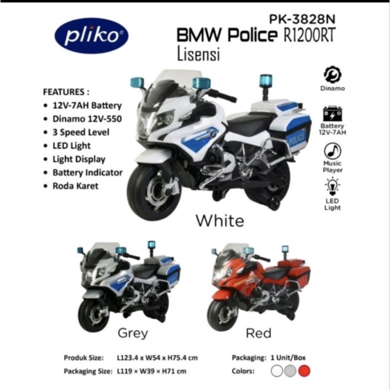MAINAN ANAK MOTOR AKI PLIKO BMW POLICE PK 3828 LISENSI BAN KARET