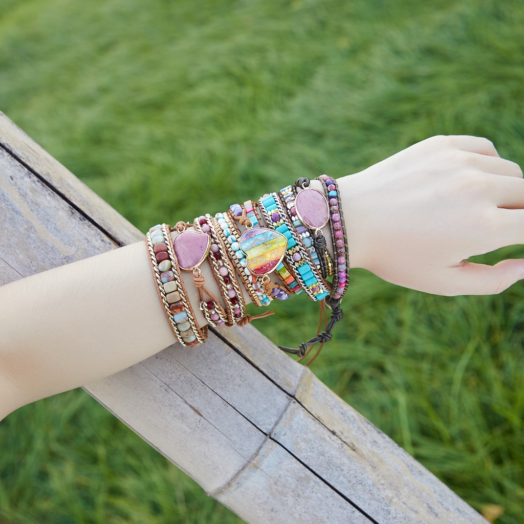 Gelang Tali Kulit Kepang Dengan Batu Kristal Alami Bentuk Oval Warna Pelangi