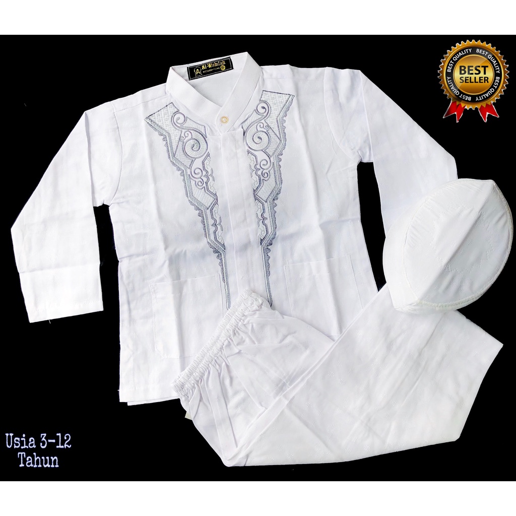 Setelan Koko Anak Putih Usia 3-12 tahun | Set Baju Koko Putih Anak Bordir Premium