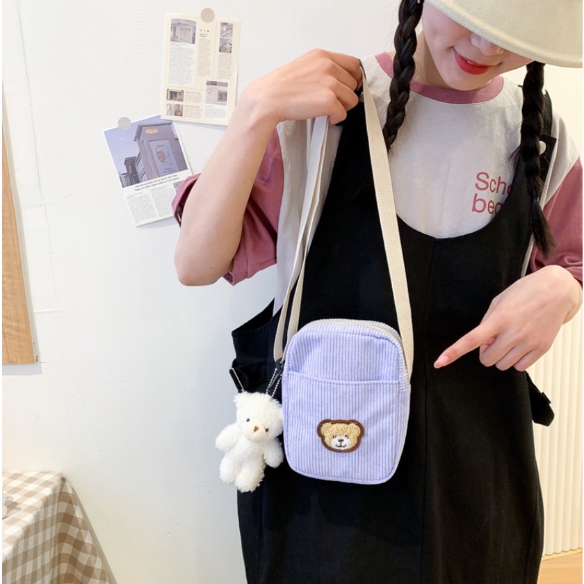 FINOM THEKLA - Tas Selempang Corduroy Mini Bear | Slingbag Wanita Remaja Cute Korean Style