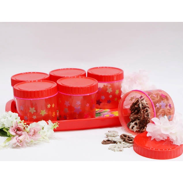 TOPLES LEBARAN / Toples TONAM Plastik / Toples Jumbo Set Motif Bunga isi 6 pcs + Nampan Baki - Random Colour