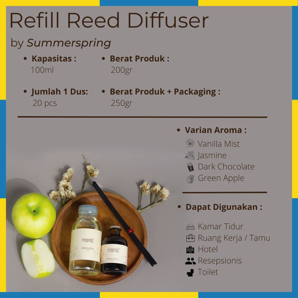 Summer Spring - Refill Reed Diffuser - Pengharum Pewangi Parfum Ruangan Mobil Toilet Ruang Tamu Dapur Lemari Pakaian Kamar Mandi Tidur Closet Wc - 100ml