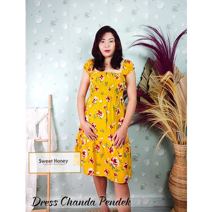 Sweet Honey ~ Dress Chanda Canda Kerut Jumbo Rayon Bali LD 120cm Dress Midi Motif Bunga Mawar Vanessa Fuji Worm