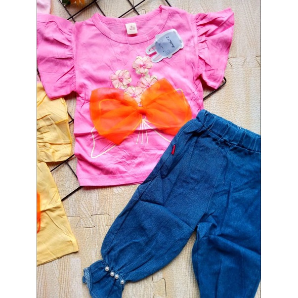 [1-5 TAHUN] SETELAN ANAK PEREMPUAN CELANA JEANS PANJANG CUTBRAY IMPORT+KAOS LUCU BAHAN KATUN COTTON BUNGA PITA 1 2 3 4 5 TAHUN