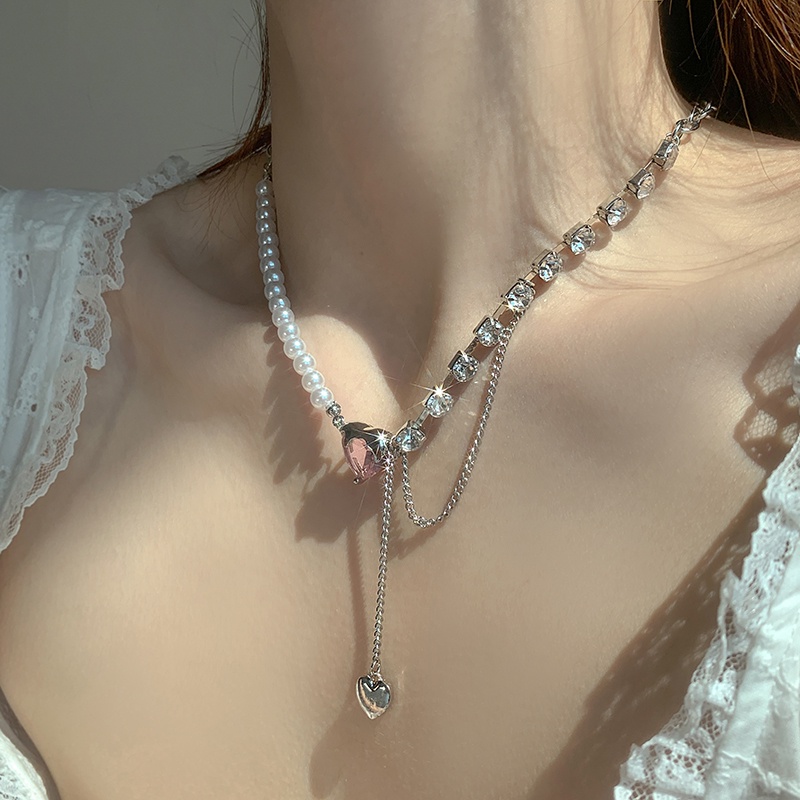 Love Pink Crystal Pendant Necklace Accessories Pearl Stitching Clavicle Chain Harajuku Korean Version
