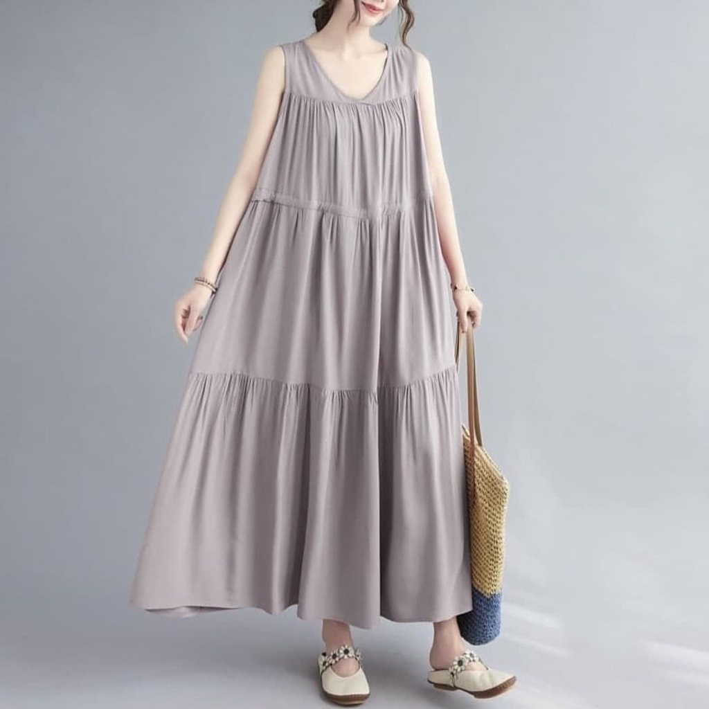 Inner Dress / Inner Dress Tanpa lengan Bhan Katun Rayon / Long Dress Tanpa Lengan / Maxi Dress Flare