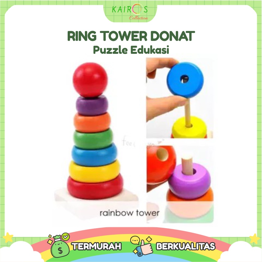 Mainan Anak Ring Donat Kayu Puzzle Kayu Rainbow Tower Menara Pelangi