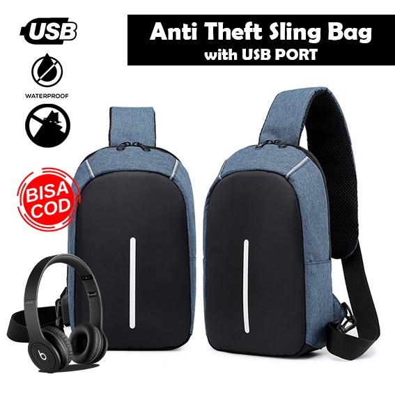 - BISA COD - USB Charger Tas Selempang Pria Sling Bag ANTI MALING Thief Fashion Sporty Travel Import