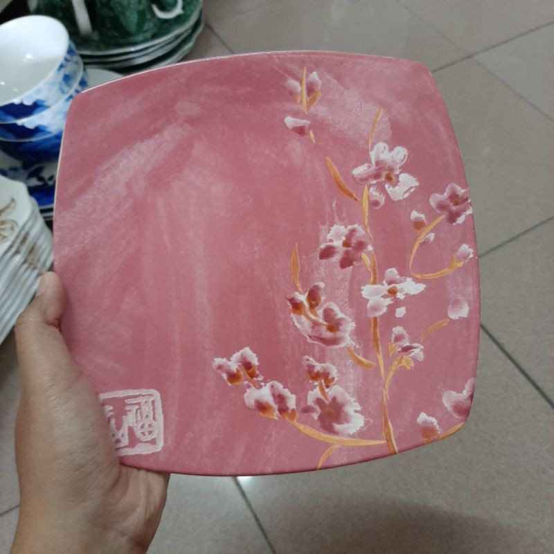 SALAD PLATE PIRING KERAMIK KOTAK SANGO MOTIF SAKURA PINK KOLEKSI DEKOR DAPUR CANTIK