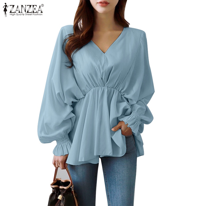 ZANZEA Women V Neck Casual Elastic Waist Lantern Sleeve Ruffles Hem Korea Blouse