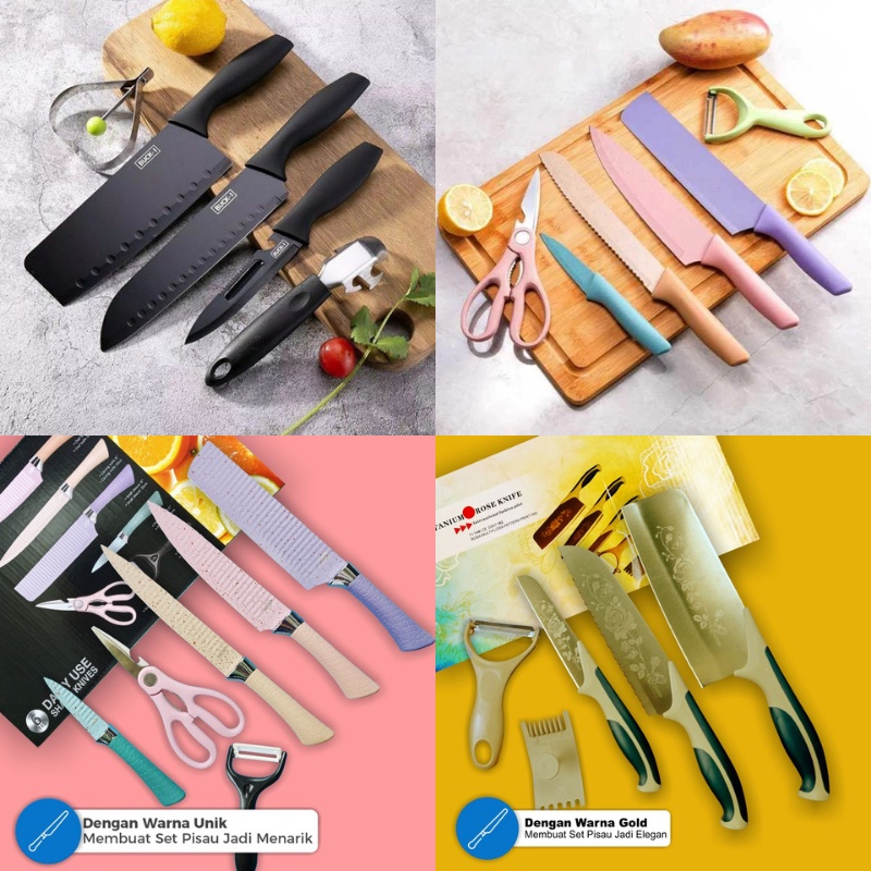 Pisau Set Stainless dilapis anti lengket 1 Set isi 6 termurah Pisau set lengkap Pisau Dapur Set 6 in 1 / Kitchen Knife Set 6 in 1 ISAU DAPUR STAINLESS PISAU SAYUR KUPAS BUAH Pisau Dapur Keramik Set 5in1 + Peeler