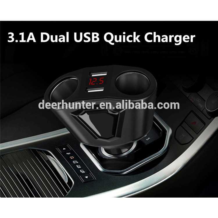 Car Charger Voltage Monitor 2 Port 3.1A with 2 Cigarette Socket 120W-Hitam