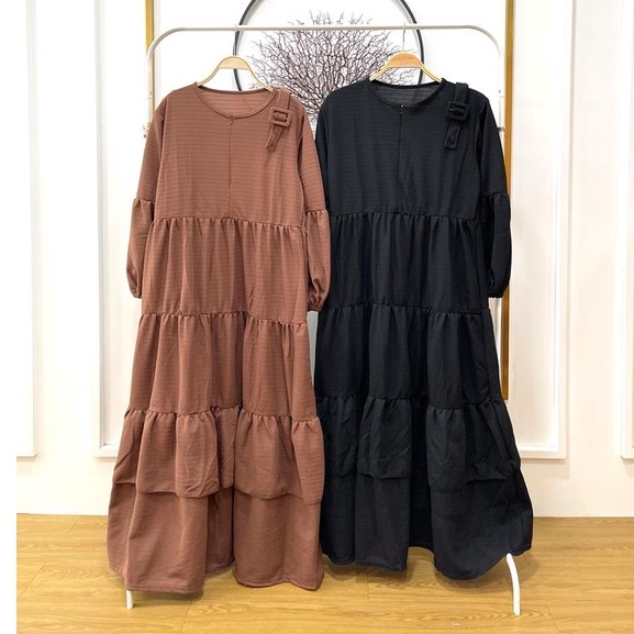 Gamis busui rempel tumpuk 3 susun lengan balon + sabuk bahan waffle merk cocobee (807)