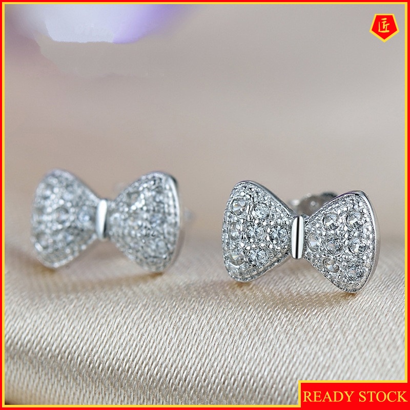 [Ready Stock]Full Diamond Bow Stud Earrings Silver Graceful Fashionable