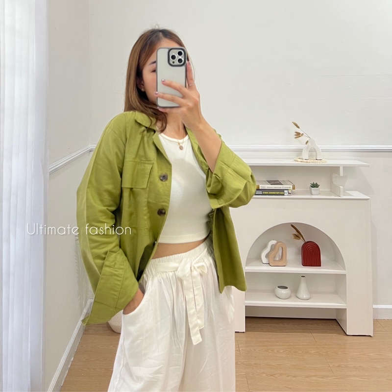 Kemeja Ghea Crop Top Linen Premium Pocket - Atasan Wanita - Kardigan - Outer 226