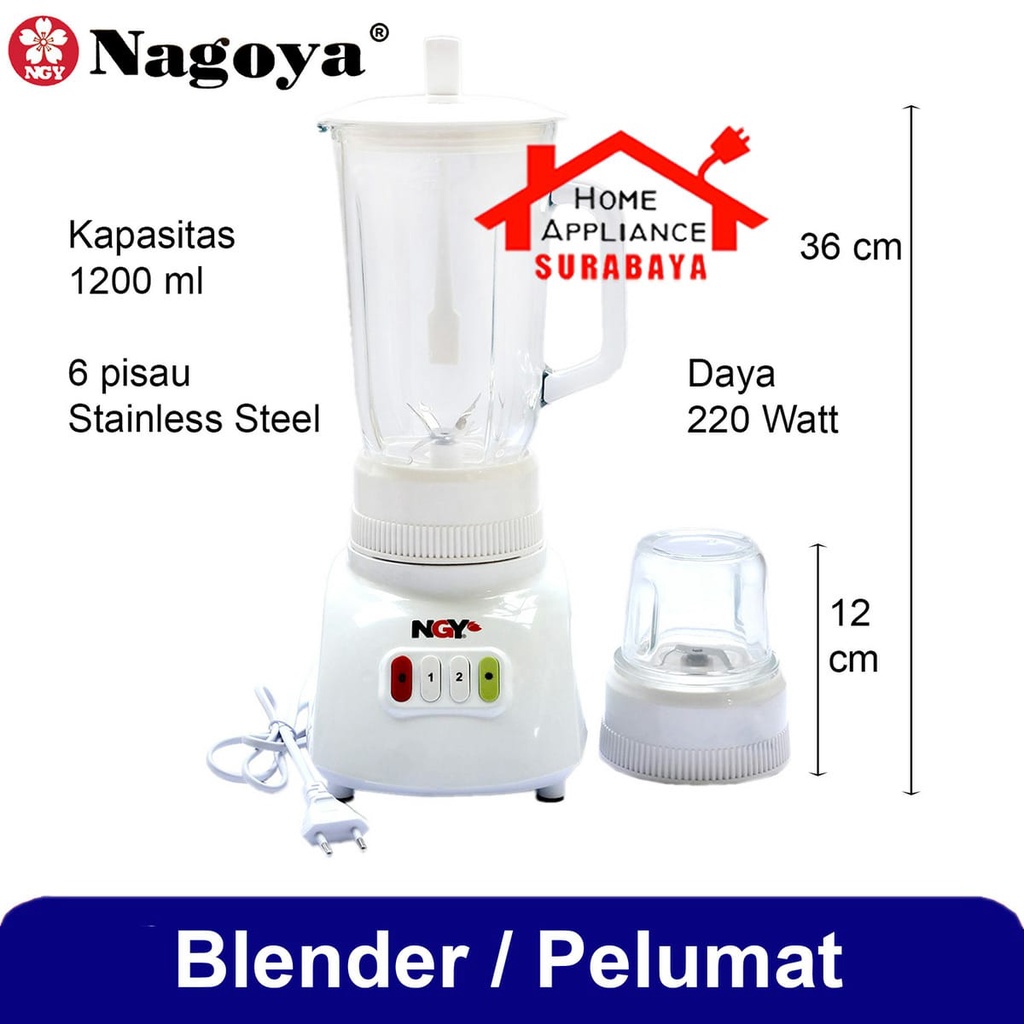 Blender Kaca 2 IN 1 Kapasitas 1.2 Liter - 6 Buah Mata Pisau Stainless Nagoya NGY-T12GN6