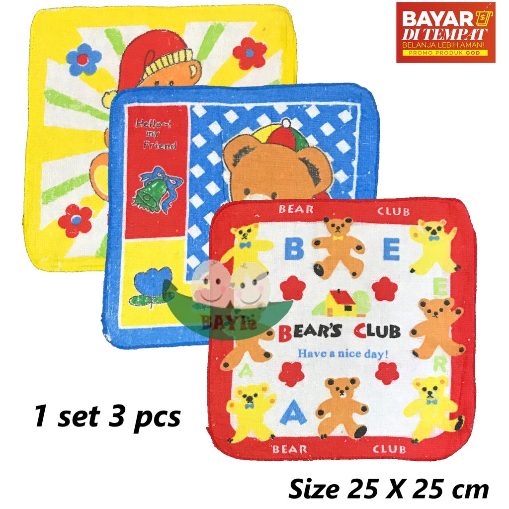 BAYIe - 3 Pcs Sapu Tangan Handuk/Handuk muka/Lap Mulut Bayi/Anak Motif RANDOM Ukuran 25 x 25 cm