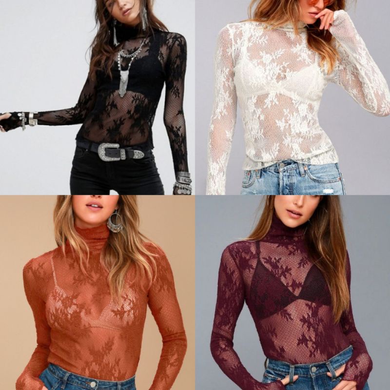 Free People Sweet Secrets Lace Sheer Turtleneck Top