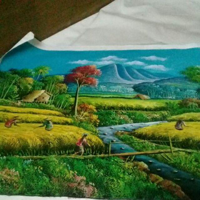 Lukisan Feng Shui Panen Padi/pemandangan Nuansa Sejuk Ukuran 80x60 Cm