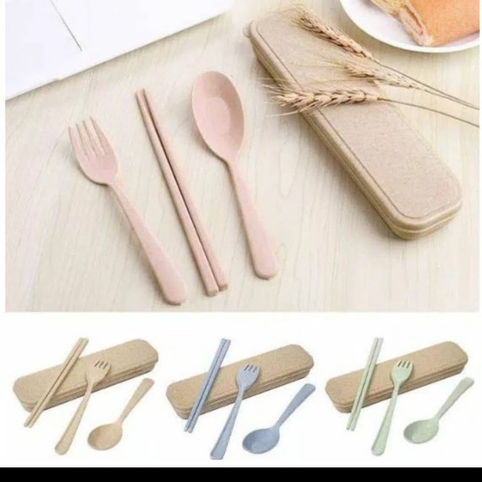 SENDOK JERAMI GARPU SUMPIT SET ALAT MAKAN WHEAT STRAW TRAVEL CUTLERY PERLENGKAPAN FOOD PORTABLE HOME