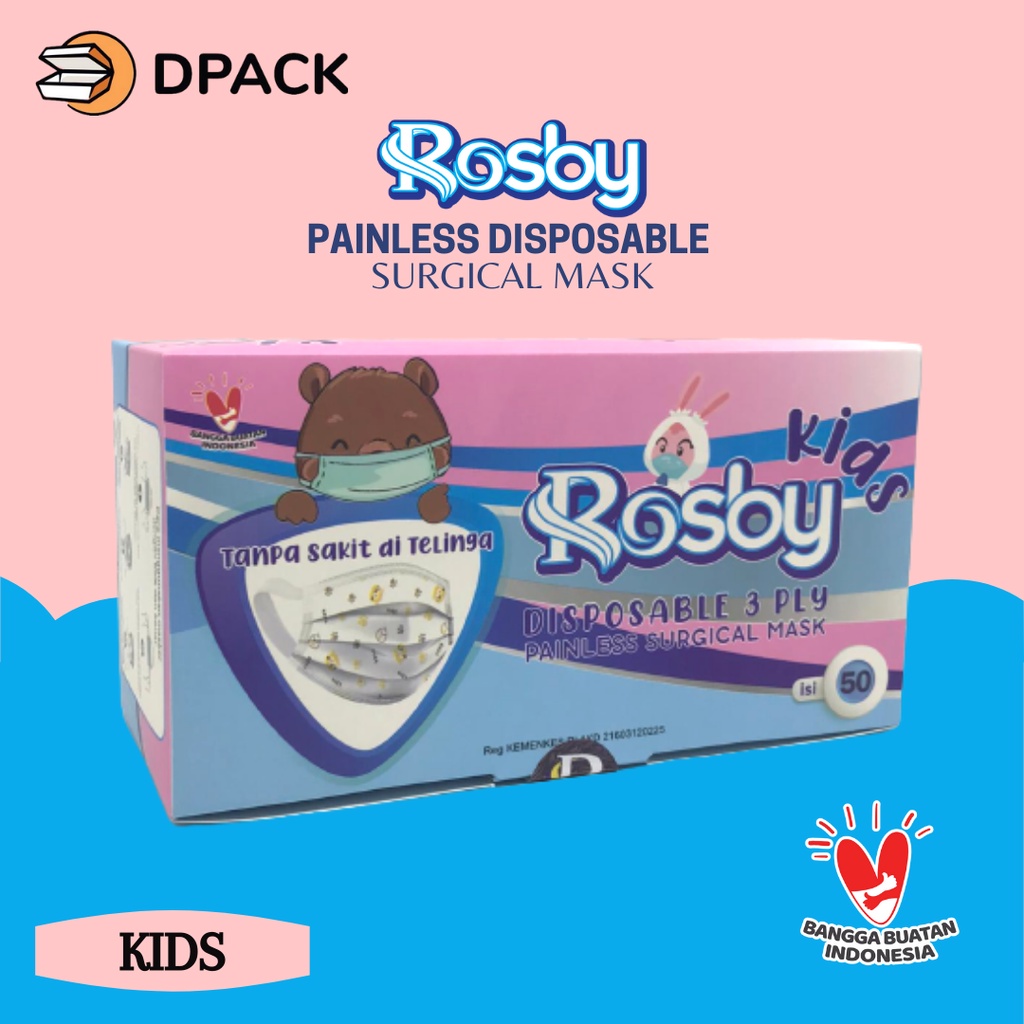 Rosby Masker Medis Anak 3ply Painless Masker Tali Lebar Isi 50 Pcs