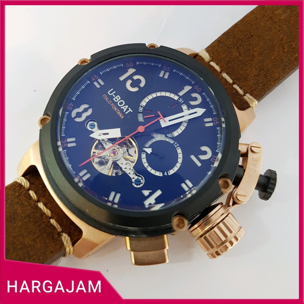 Jam Pria Automatic U-boat U2301 Super Chrono Strap Leather Brown | Bezel Rosegold (hargajam harga