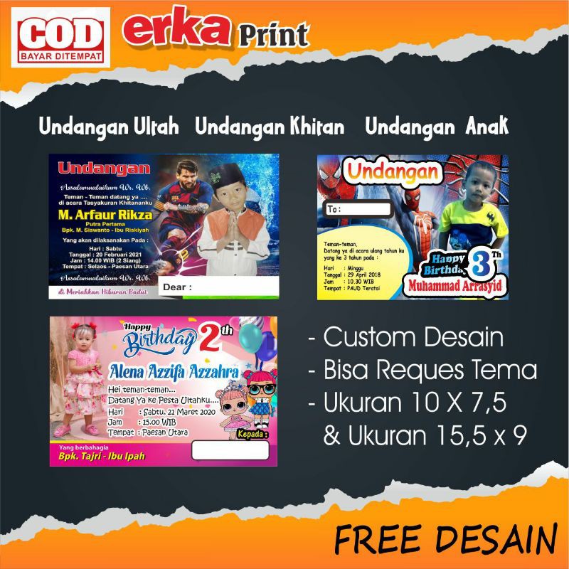 Cetak Undangan ulang tahun, Undangan Khitan, Undangan anak custom, Undangan anak free desain