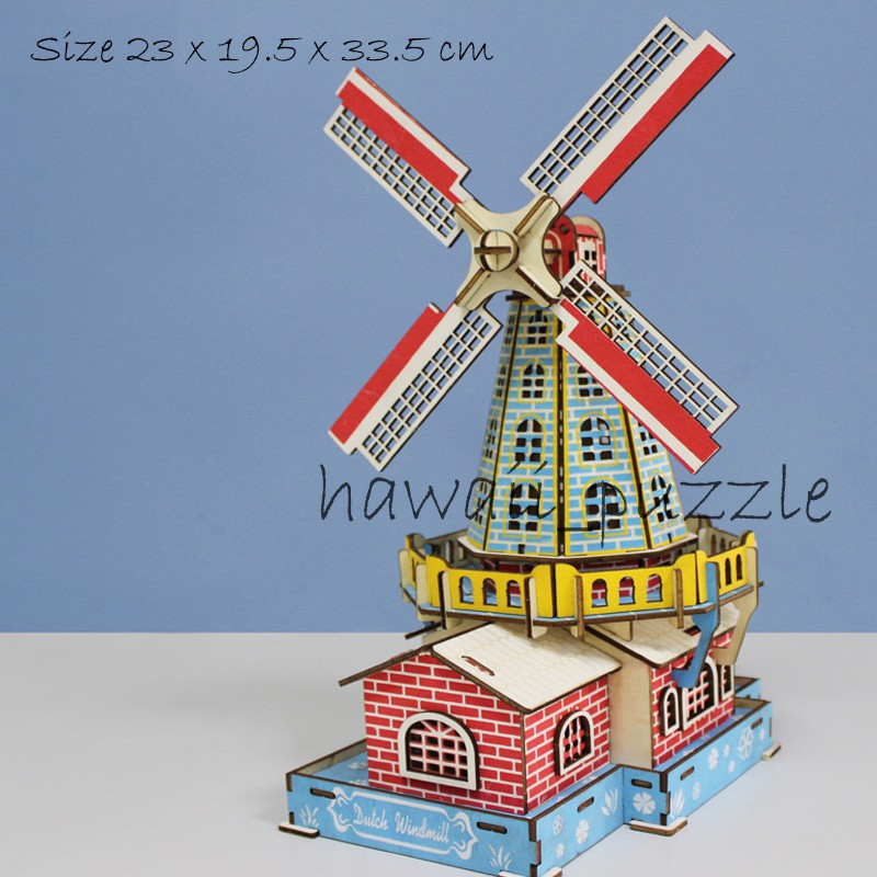 Puzzle 3D DIY bahan kayu model Kincir Angin Belanda mainan puzzle edukasi anak (kado &amp; pajangan)