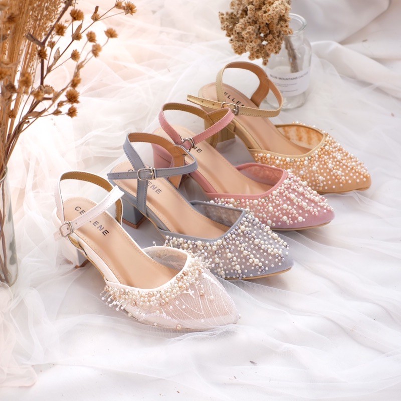 𝗖𝗘𝗟𝗟𝗘𝗡𝗘 Let Beads Heels / wedding shoes / sepatu brokat payet tali hak 7cm