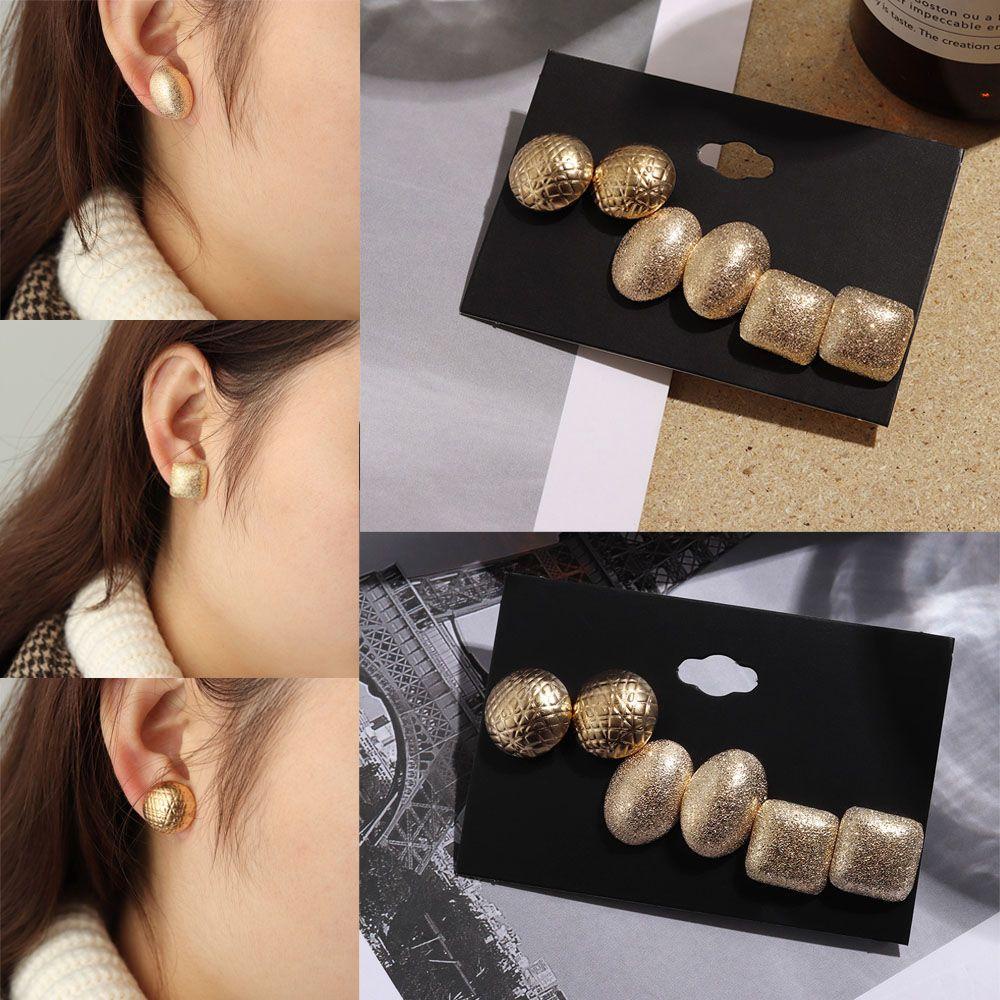 Preva 3pasang/Set Scrub Gold Anting Charm Fashion Perhiasan Bulat Oval