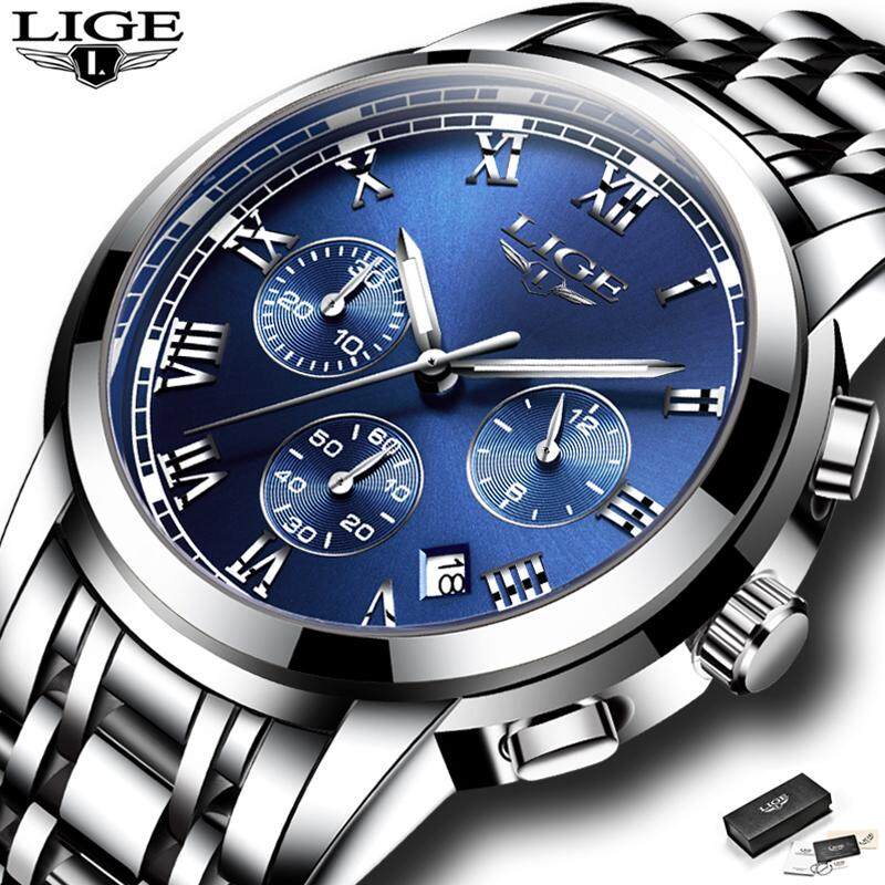 LIGE Jam Tangan Baja Nirkarat Pria, Jam Tangan Kuarsa Analog Tahan Air Penunjuk Bercahaya, Kronograf