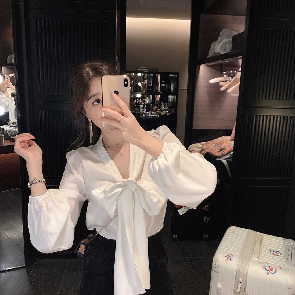 blouse korea kemeja french bow puff sleeve kemeja putih super fairy atasan lengan panjang