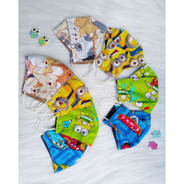 MASKER KAIN ANAK UNICORN, BONEKA, MINIONS, KEROPPI, MCQUEEN 3D & 2D