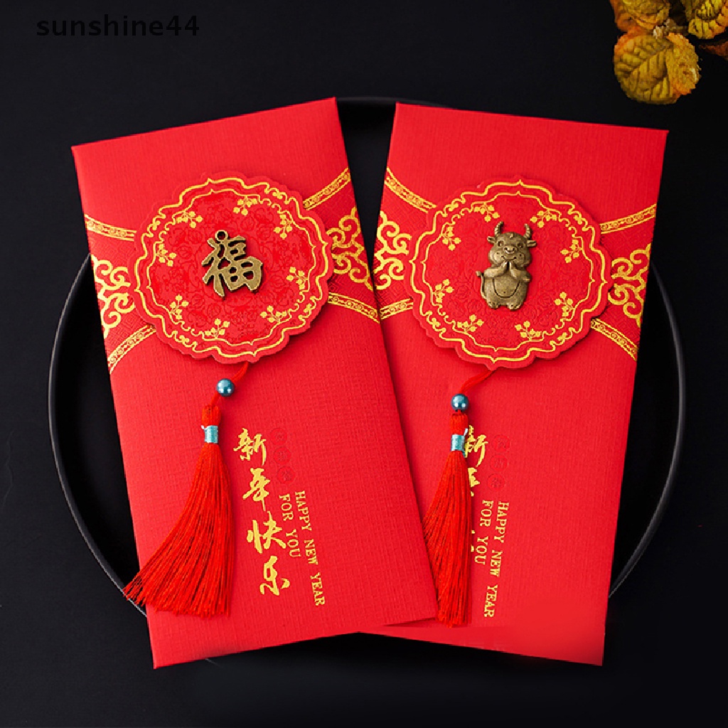 Sunshine 2pcs Amplop Angpao Merah Motif Bordir Untuk Tahun Baru Cina / Imlek