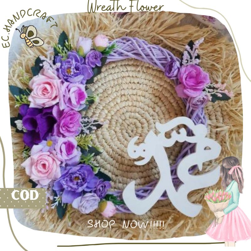 Hiasan Dinding Hiasan Pintu Wreath Flower Tulisan Allah Homedecor