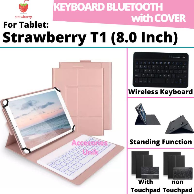 Strawberry T1 T 1 Tablet Tab 8 8" 8.0 Inch Book Cover Keyboard Wireless Bluetooth Flip Stand Case Ca