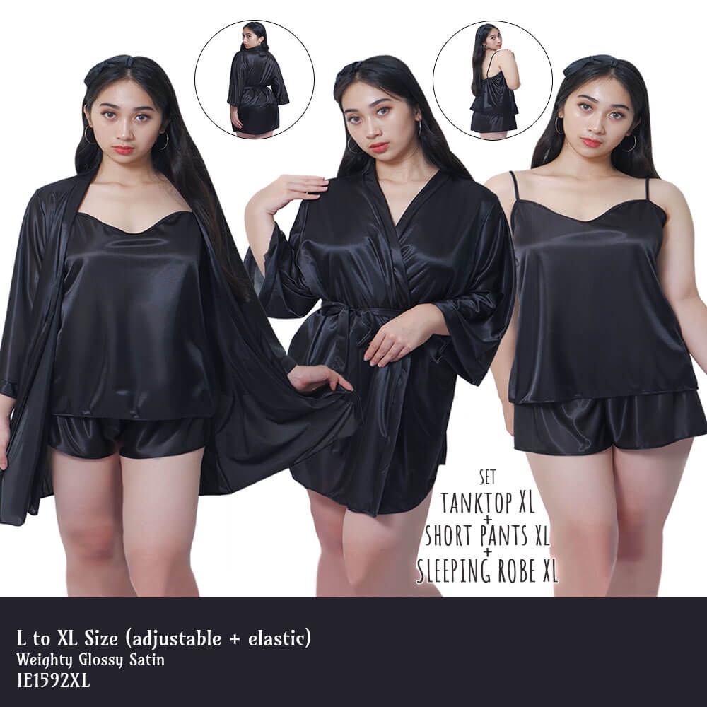 kimono set inner tanktop dress satin Hitam big size jumbo