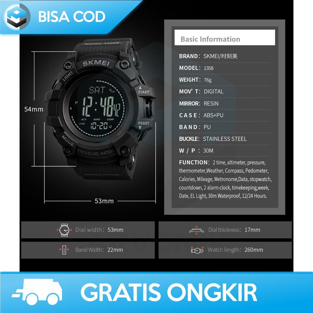 JAM TANGAN PRIA ORIGINAL TAHAN AIR BERMERK SKMEI 1358 - JAM TANGAN DIGITAL MULTIFUNGSI GARANSI