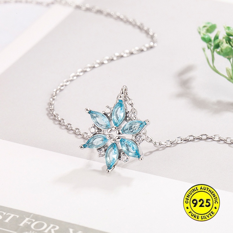 Kalung Rantai Sterling Silver 925 Liontin Snowflake Hias Berlian Biru Untuk Wanita / Musim Panas