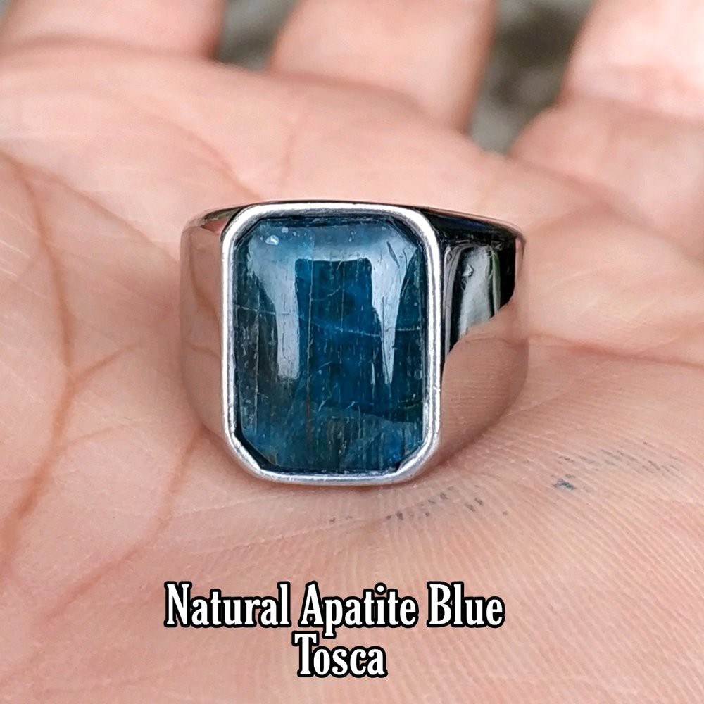 CINCIN BATU PERMATA NATURAL BLUE APATITE OCTAGON MINIMALIS FREE MEMO