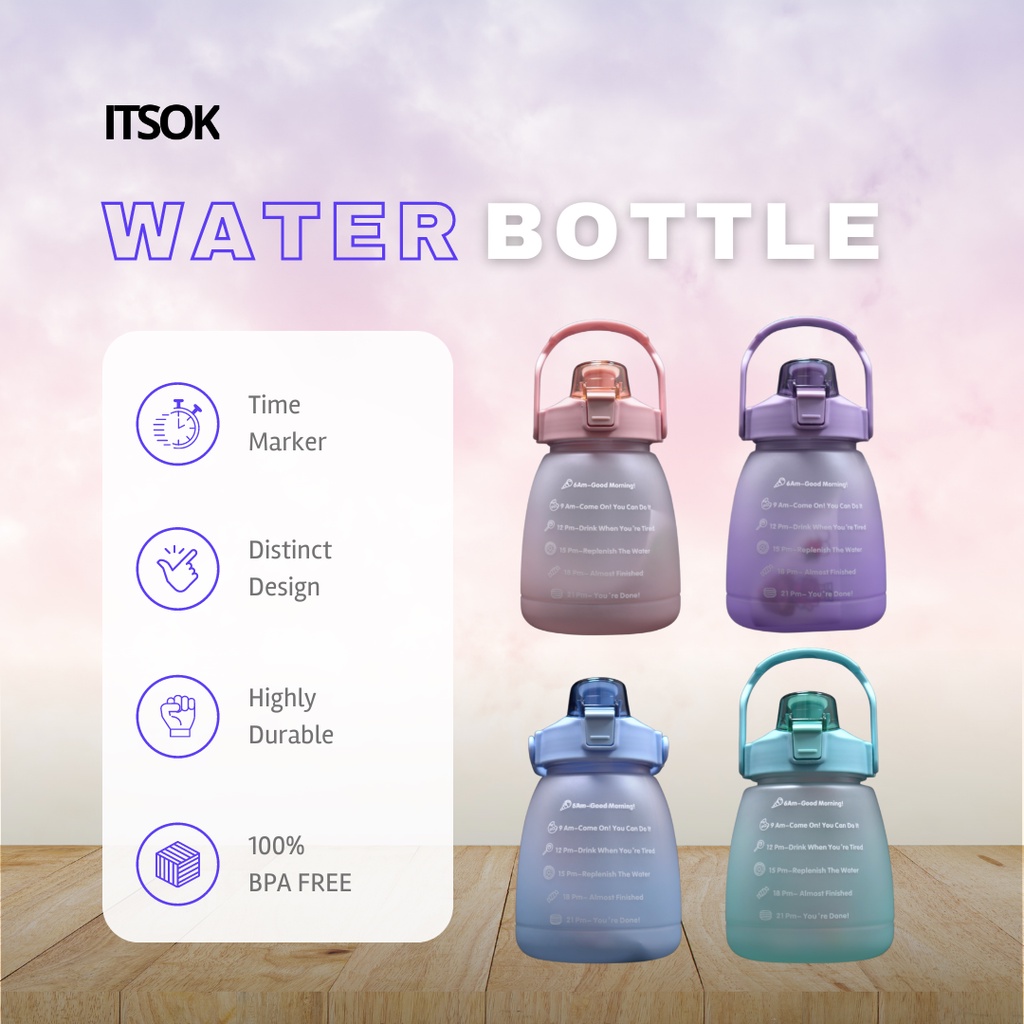 ITSOK Botol Minum 1300ML/ Botol Minum Motivasi / Botol Minum Viral Free Sticker