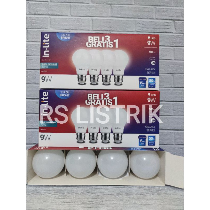 paket 9w 3pc gratis 1pc merk in lite inlite in-lite 9 watt cahaya putih lampu led bulb INB007